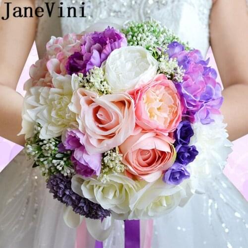 JaneVini 2018 Artificial Rose Bride Wedding Bouquet Groom Flower Bridal Brooch Flowers Bouquets Ribbon Hand Made Fleur Mariage