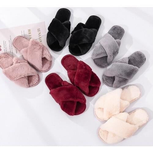 Winter Women House Slippers Faux Fur Fashion Warm Shoes Woman Slip on Flats Female Slides Black Pink cozy home furry slippers