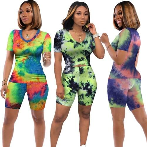 Tie Dye Summer 2 Pieces Biker Shorts Sets Women Sporty Tracksuit Short Sleeve Sexy V Neck T-shirt Top and Pants Casual Clothes