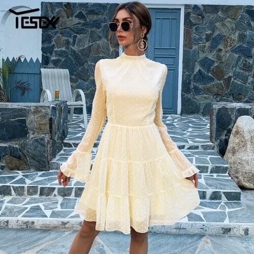 Yesexy 2021 Elegant Sexy Flare Long Sleeve Mini Dress Women Casual Solid Color Pleated Autumn Dress Party Dress Vestidos M0367-1