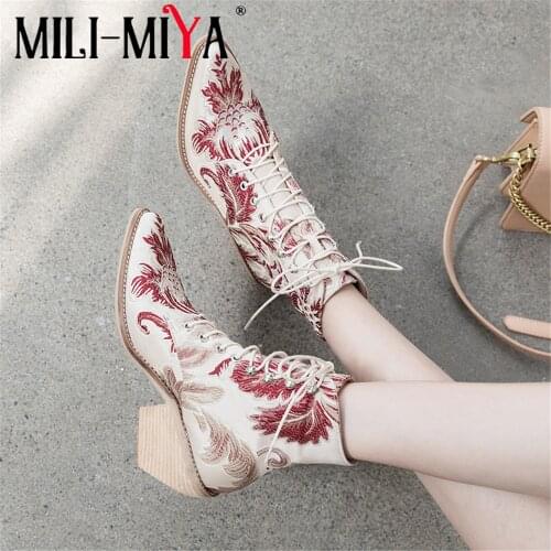 MILI-MIYA New Fashion Women Ankle Boots Woman Shoe Flower Embroider High Square Heel Lace-up Pointed Toe China Style women shoes