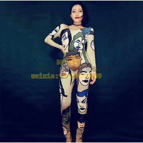 Bars nightclubs Rhine stone man face pattern long-sleeved tunic suit high-end sexy female jazz dance pole dancer DJ stage costum