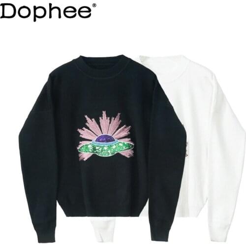 Women Spring and Autumn Sweater New Fashion Round Neck Pullover Top Korean Style Butterfly Long-Sleeved Pattern Knitted Sweater