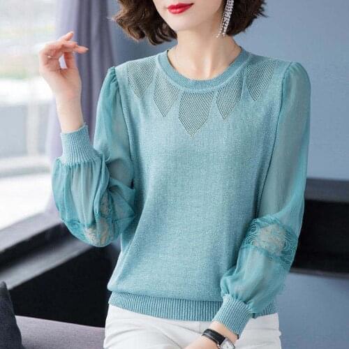 Knitted pullover sweaters women Fashion hollow lace short tops beaded long sleeves thin Spring autumn Sweater female ZZ0730