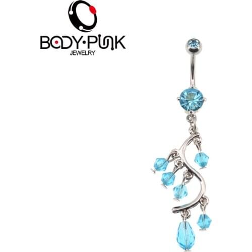 BODY PUNK New Crystal Heart Belly Button Ring For Women Gift Body Jewelry Blue CZ Dangle Party Cubic Zircon Navel Ring