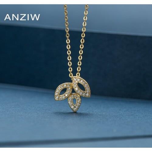 ANZIW Luxury 925 Sterling Silver Pendant Necklace for Women Cute Three Leaves Long Chain Necklace Wedding collar de plata
