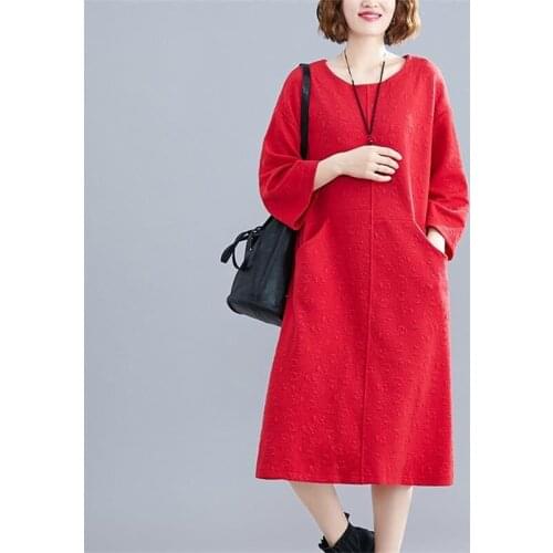 Retro Print Ladies Autumn and Winter Dress New Ethnic Large Size Nine Point Sleeve Thick Loose Leisure Dress Femme Vestido f2576