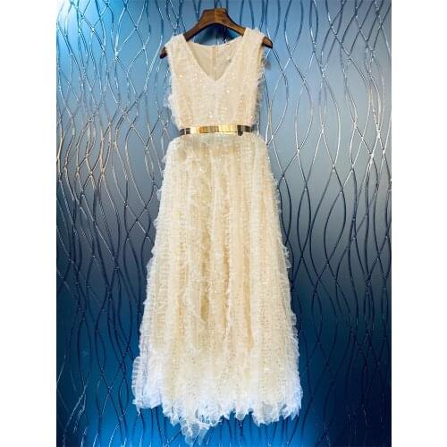 Sequined Long Dress 2021 Autumn Party Evening Women V-Neck Allover Ruffle Flowers Golden Belt Deco Sleeveless Lace Maxi Dress