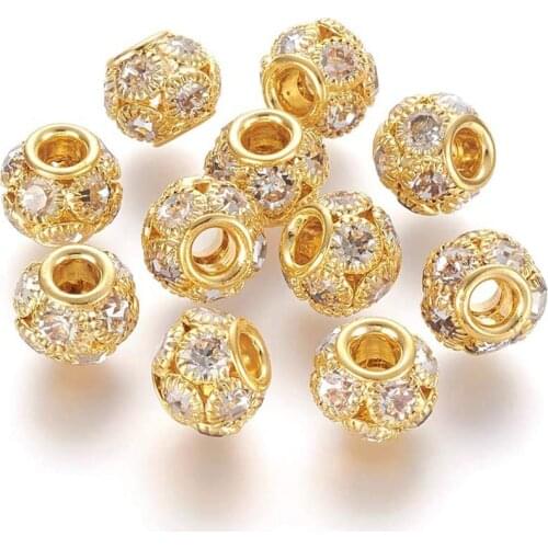 10Pcs Gold Color Big Hole Crystal Rhinestone Glass Beads Murano Charms Fit Pandora Bracelet Bangle Snake Chain Spacer Beads DIY