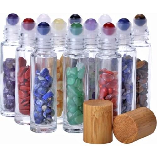 100pcs 10ml Natural Gemstones Essential Oil Roller Ball Bottles Transparent Glass With Bamboo Lid Caps