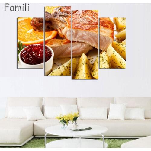 Rushed 4pcs Modern Canvas Paintings Matching food Wall Art Oil Painting Set Bar Dinning Room Decorative Pictures