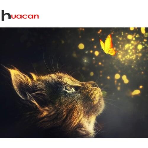 Huacan 5d Diamond Painting Cat Full Drill Embroidery Cross Stitch Butterfly Mosaic Animals Home Decor Wall Stickers