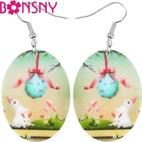 Bonsny Acrylic Oval Easter Eggs Hare Rabbit Bunny Earrings Round Animal Dangle Drop For Women Kids Fashion Festival Gift Jewelry