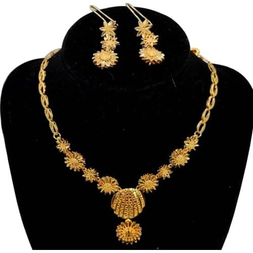 Dubai Ethiopian Set Jewelry Necklace pendant Earring Girl Real 18 k Solid Yellow Fine Gold flower Europe Bridal Sets