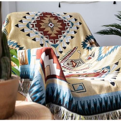 Ethnic Bohemian Geometric Yarn-dyed Knitted tassel sofa cover Blanket Towel Bed wall boho Decor slipcover Travel picnic pad mat