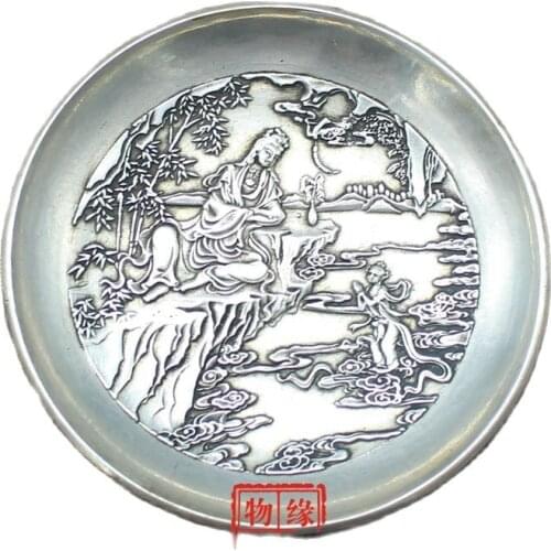 China Carved Tibetan Silver Writing-Brush Washer Ornaments Plates