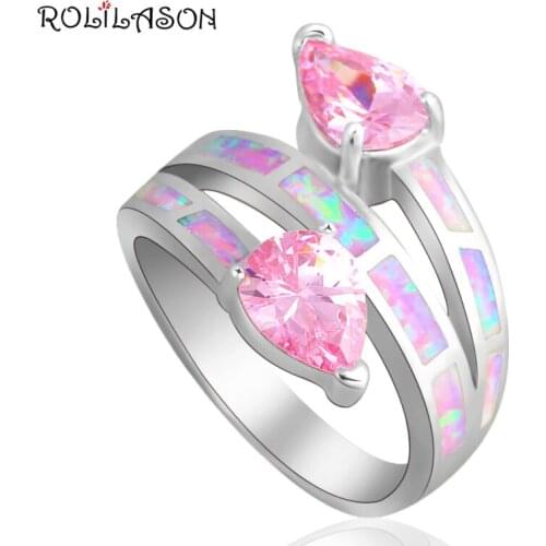 Beautiful Pink Water drop Crystal Jewelry Pink Fire Opal silver color Stamped Rings USA #6#7#7.5#8.5#9 OR719