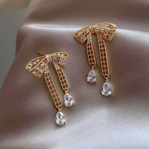 Micro Inlaid Zircon Design Bow Earrings Temperament Girl Lattice Water Ear Studs Wedding Jewelry