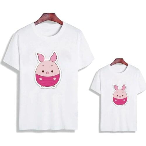 New Fashion Family Matching Clothes Fat Pink Piglet Mommy And Me Fahter Son Kids Tshirts White Casual Loose Family Outfits
