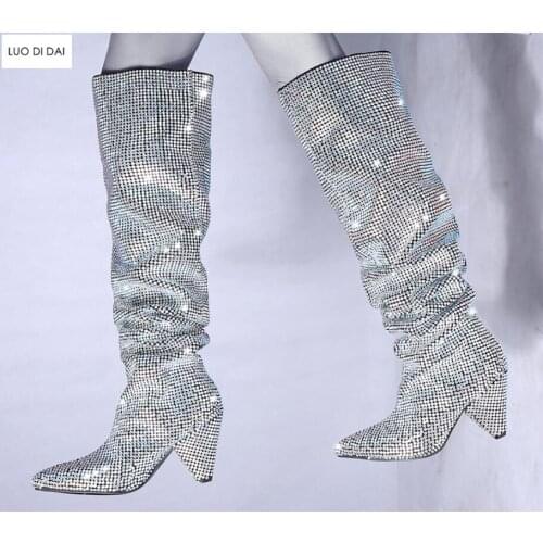 2019 New lady point toe long boots diamond stud thigh high boots women rhinestone booties over knee high mujer botas spike heel