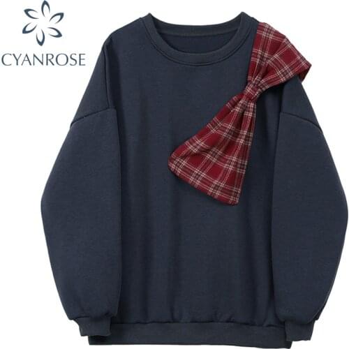 New Chic Plaid Bow Patchwork Design Women Hoodless Hoodies 2021 Autumn Fashion O-Neck Long Sleeve Personalized Sweatshirt Female