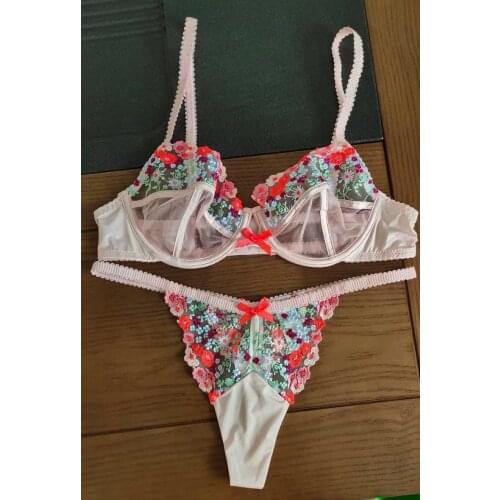 Wriufred Sexy thin embroidery lingerie with panties suit floral girl bra set underwire ladies push up underwear set