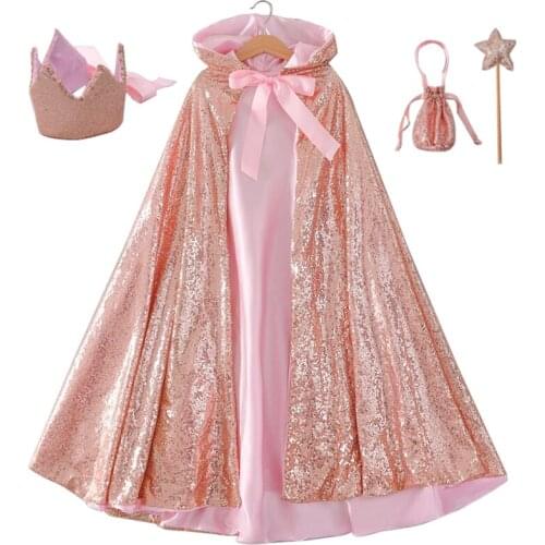 Princess Sequins Cape Hooded Long Cloak and Grown Wands for Girls Costume 3-12 Years