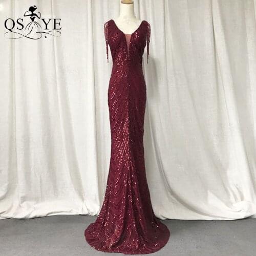 Sequin Red Prom Dresses V Neck Mermaid Burgundy Evening Dress Beading Straps Sleeves Fit Long Formal Party Dress Women Vestido