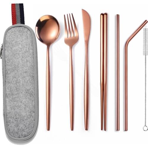 Portable Cutlery Set Rose Gold Stainless Tableware Sets Travel Dinnerware Ste Straw Outdoor Picnic with Box Utensils Reusable