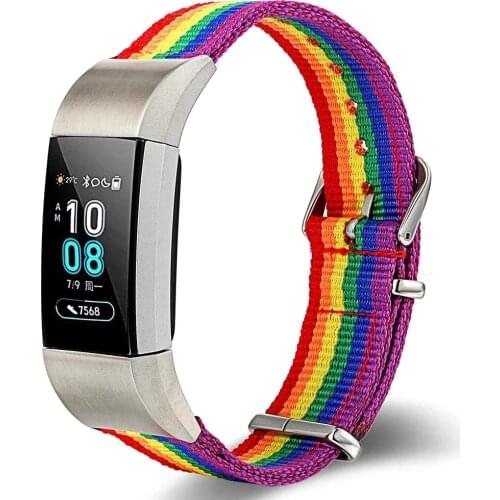 For Fitbit Charge 2 3 4 Band Rainbow Strip LGBT Nylon Strap 2 3 4 Band Strap Watch Adjustable Nylon Strap Fashion Rainbow Color