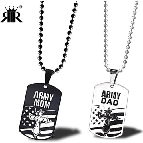 RIR Stainless Steel Military Jewelry Cross American Flag With Us Army Mom And Dad Soldier Dog Tags Necklace Pendant For Men