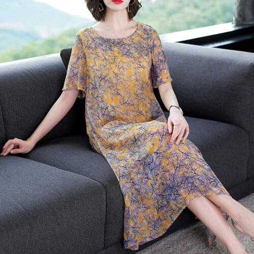 Summer Print Chiffon Beach Midi Dress Casual Vintage 4XL Plus Size Mulberry Silk Dress 2021 Women Elegant Bodycon Party Vestidos