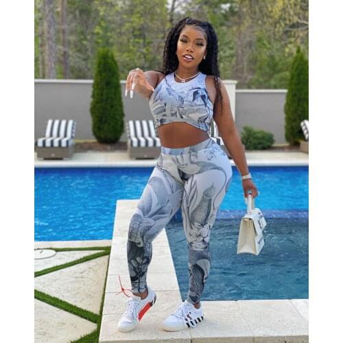 Sportswear Women Set Summer Sexy Print Tank Crop Tops High Waist Leggings Bodycon 2 Piece Set Tracksuit Outfit Jogging Femme