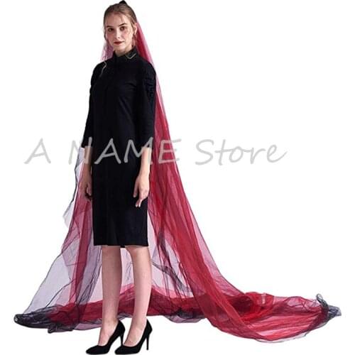Bridal Wedding Veils Cathedral Long Black and Red Tulle with comb 2 layers Bows Gothic Steamp Veil velos novia voile de mariee