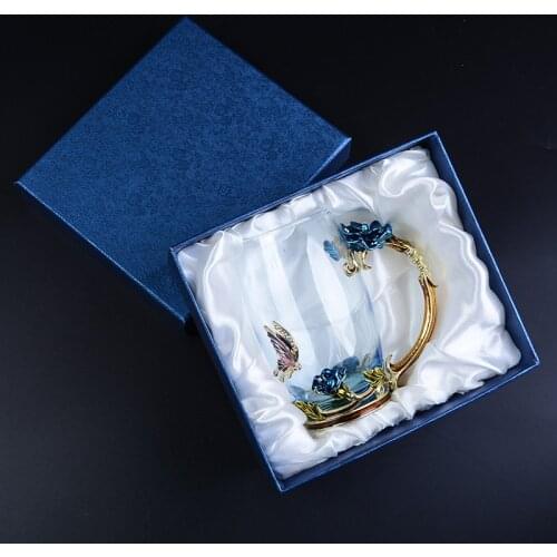 Light Luxury Enamel Blue Rose Glass Coffee Mug with Spoon Flower Tea Glass Cup for Hot and Cold Exquisite Wedding Gift Drinkware