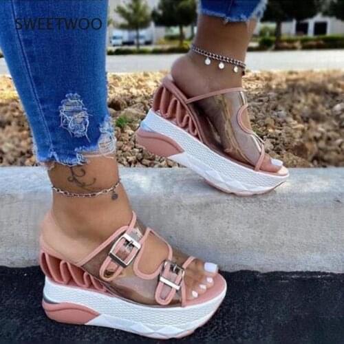 High Heels Slippers Women Transparent Buckle Platform Fashion Ladies Slippers Non-Slip Wedges Slippers Shoes for Women