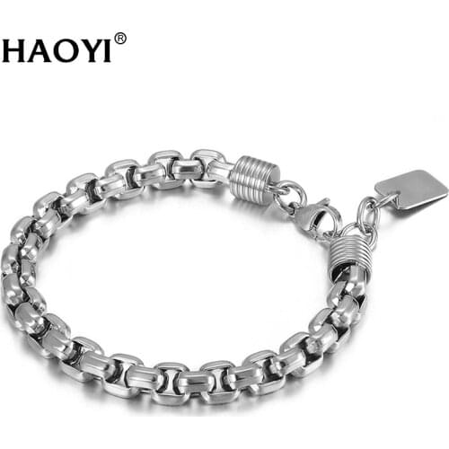 8MM High Quality Hip Hop Locomotive Curb Box Chain Bracelets Engraving Men Bracelet Stainless Steel Chain ID Tag Bracelets