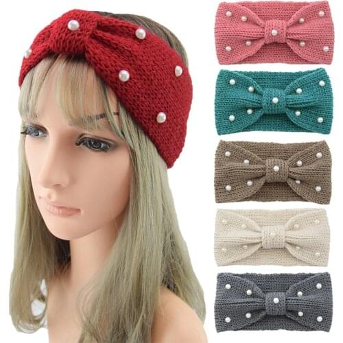 Xugar Women Knitted Pearl Knot Headbands Woolen Bow Elastic Hairbands For Girls Warm Crochet Wide Bezels Womens Hair Accessories
