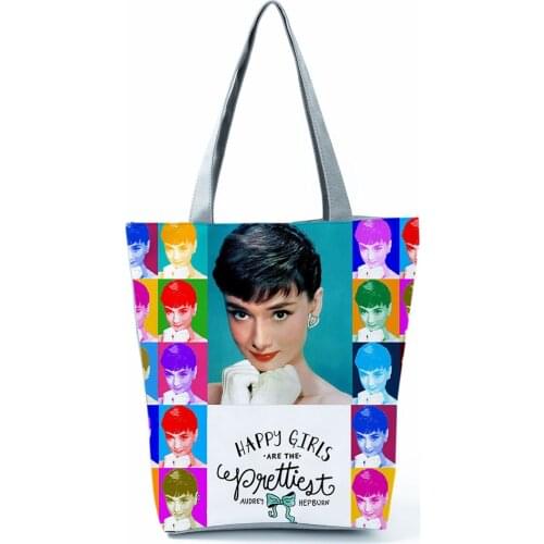 Bright Colors Audrey Hepburn Printed Handbag Classic High Capacity Women Shoulder Bag Eco Reusable Shopping Bag Custom Pattern