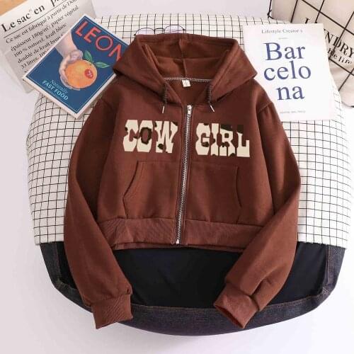 Cowgirl Casual Zip Up Cropped Brown Hoodies Women Harajuku Pockets Basic Autumn Jacket Solid Y2K Short Hooded Sweatshirts