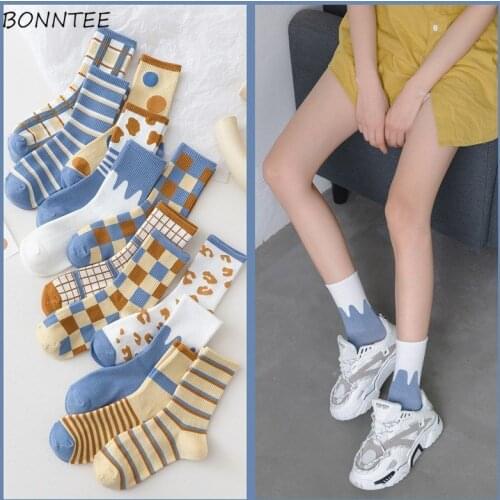 Socks Women All-match Preppy Style Ins Simple Casual Teens Middle Tube Female Daily Patchwork Soft Ulzzang Stylish Japanese New