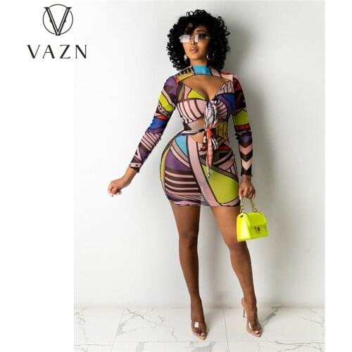 VAZN 2021 Spring Retro Patchwork Open Hollow Out Top Sexy Club Deep V-Neck Full Sleeve Women Thin Mini Dress