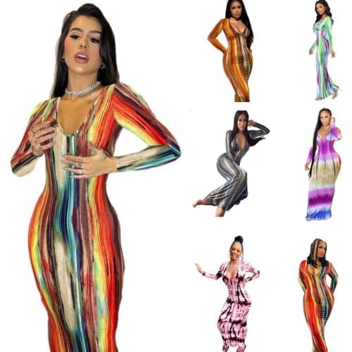 2021 Summer New Fashion Sexy Multicolor Print Deep V-Neck Open Back Long Sleeve Tight Fit Slim Fit Large Size Ladies Long Dress