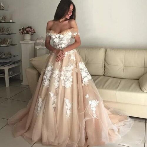 BEPEITHY Elegant Off The Shoulder A-line Evening Formal Dresses For Women White Appliques Champagne Long Prom Dress 2020 New