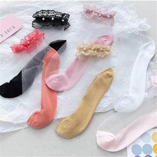 1 Pair Women Socks Summer New Flower Lace pearl Ankle Socks Palace Style Thin Transparent Socks Solid Cute Socks
