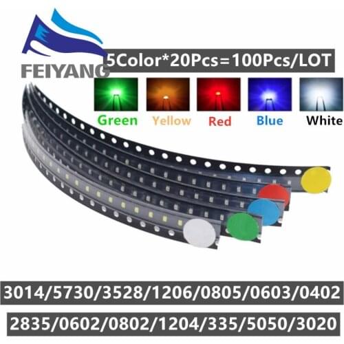 100PCS/LOT SMD LED Kit 1206 1210 5050 5730 0805 0603 3528 2835 0402 Red/Green/Blue/White/Yellow led diode set 5Colors Each 20PCS