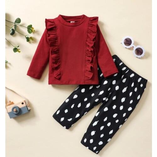 2 Pcs Children Kids Casual Outfits Girls Solid Color Long Sleeve Round Neck Ruffle Pullover Tops Spot Print Pants Clothes Set