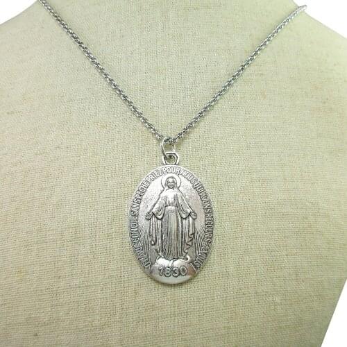 50pcs of 1.8 inch Vintage Miraculous Medal Blessed Mary Medal with 304 Stainless Steel Chain