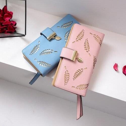 Womens Clutch Wallet Female Designer Wallets Coin Card Purse 2021 Brand Gold Hollow Leaves Women Wallet Soft Pu Leather
