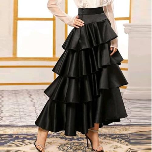 Elegant Draped Satin Long Women Skirts Zipper A-line Female Maxi Skirt Zipper Ruffles Tiered Saias 2021